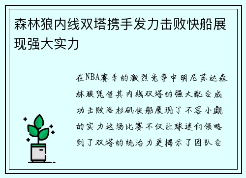 森林狼内线双塔携手发力击败快船展现强大实力