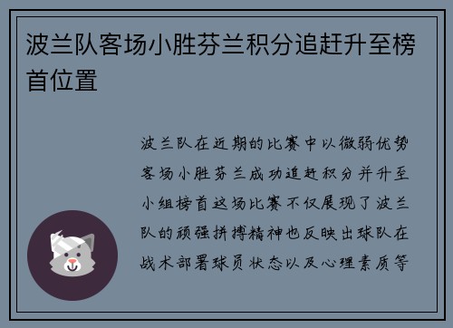 波兰队客场小胜芬兰积分追赶升至榜首位置