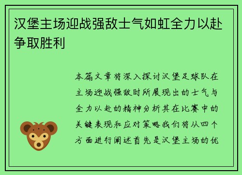 汉堡主场迎战强敌士气如虹全力以赴争取胜利