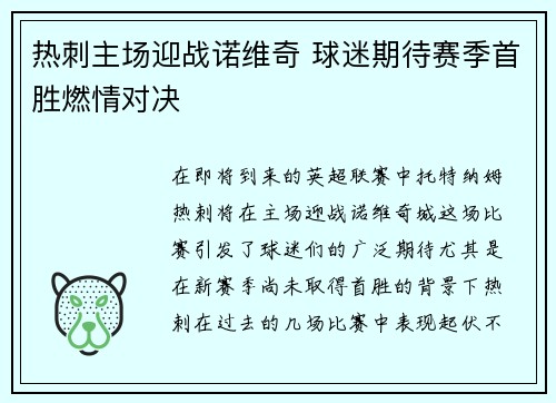 热刺主场迎战诺维奇 球迷期待赛季首胜燃情对决