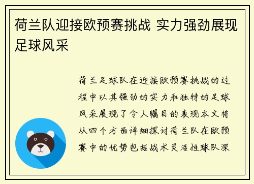 荷兰队迎接欧预赛挑战 实力强劲展现足球风采
