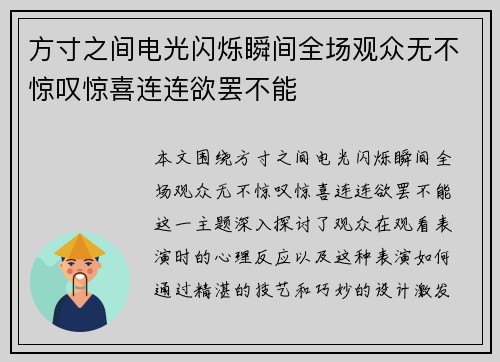 方寸之间电光闪烁瞬间全场观众无不惊叹惊喜连连欲罢不能