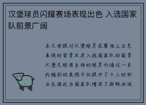 汉堡球员闪耀赛场表现出色 入选国家队前景广阔