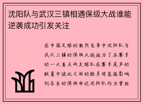 沈阳队与武汉三镇相遇保级大战谁能逆袭成功引发关注