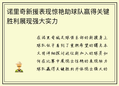诺里奇新援表现惊艳助球队赢得关键胜利展现强大实力