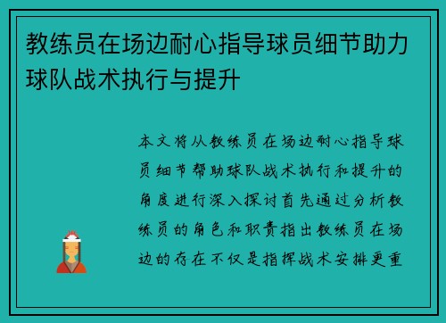 教练员在场边耐心指导球员细节助力球队战术执行与提升
