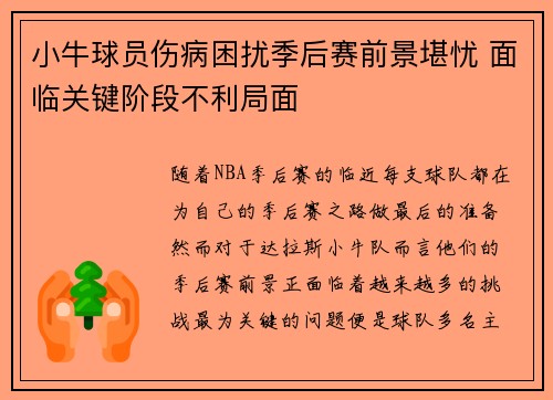 小牛球员伤病困扰季后赛前景堪忧 面临关键阶段不利局面