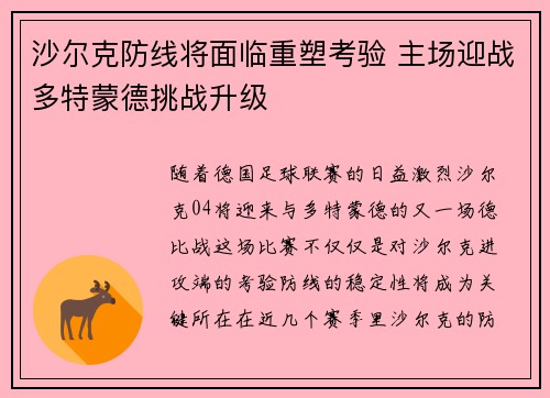 沙尔克防线将面临重塑考验 主场迎战多特蒙德挑战升级
