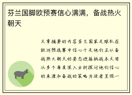 芬兰国脚欧预赛信心满满，备战热火朝天