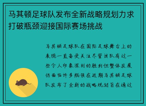 马其顿足球队发布全新战略规划力求打破瓶颈迎接国际赛场挑战