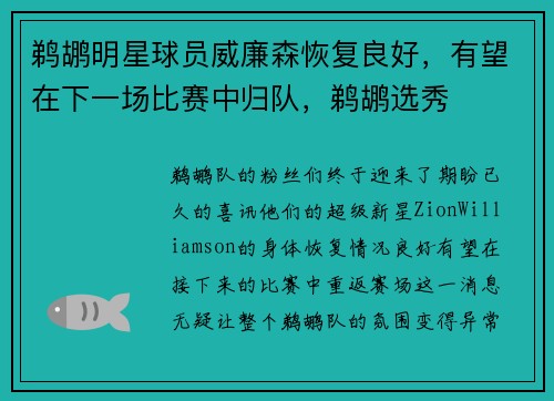 鹈鹕明星球员威廉森恢复良好，有望在下一场比赛中归队，鹈鹕选秀