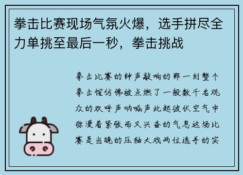 拳击比赛现场气氛火爆，选手拼尽全力单挑至最后一秒，拳击挑战