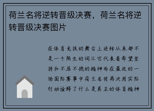 荷兰名将逆转晋级决赛，荷兰名将逆转晋级决赛图片