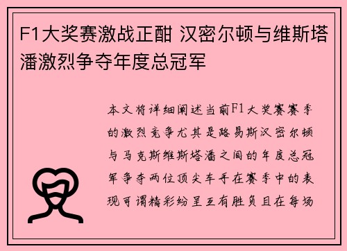 F1大奖赛激战正酣 汉密尔顿与维斯塔潘激烈争夺年度总冠军